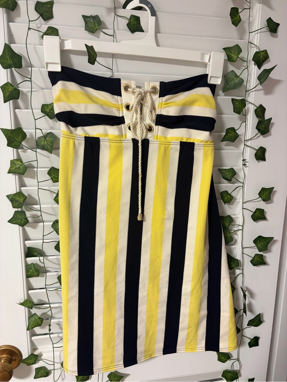 Juicy Couture Yellow Navy White Striped Strapless Lace-Up Dress